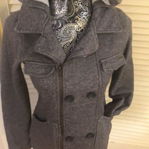 Billabong Gray Zip Up Cotton Moto  Jacket Peacoat Button Detail Fleece inside. - Picture 3 of 17